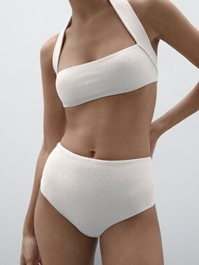 Massimo Dutti Textured Bikini Bottoms High-Rise Smocked Swimwear Size Large